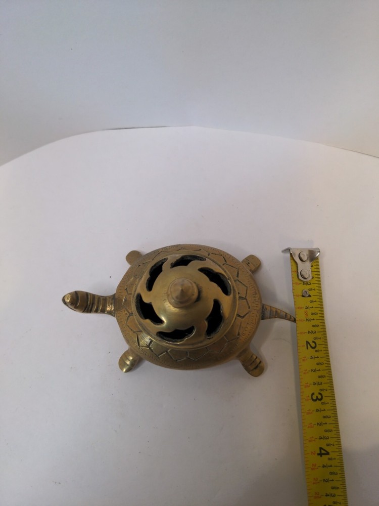 Vintage Small Heavy Solid Brass Engraved Turtle Incense Burner With Lid