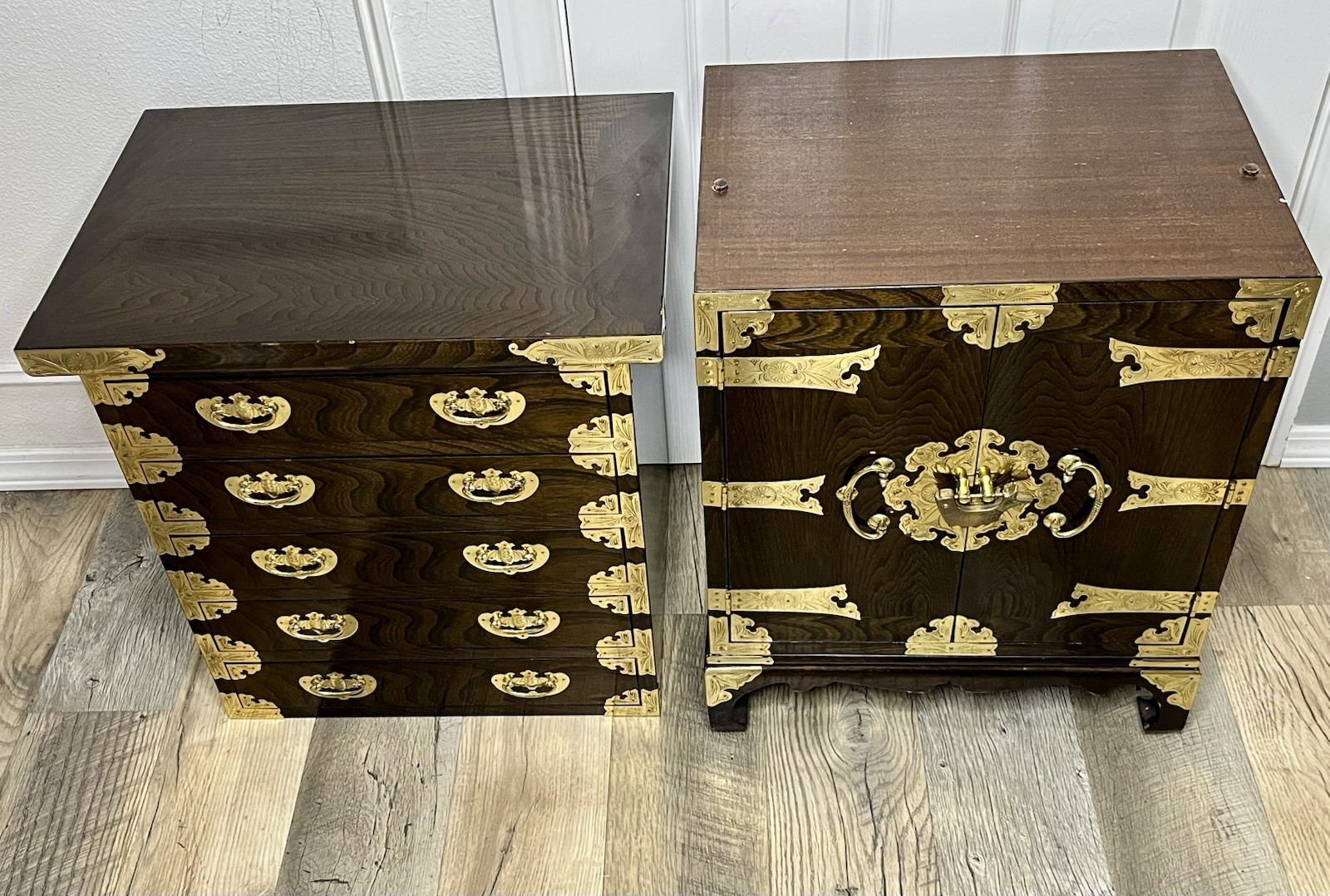 Antique 2 Piece Korean Elmwood Tansu Chest Hall Cabinet Asian Chest Of Drawers