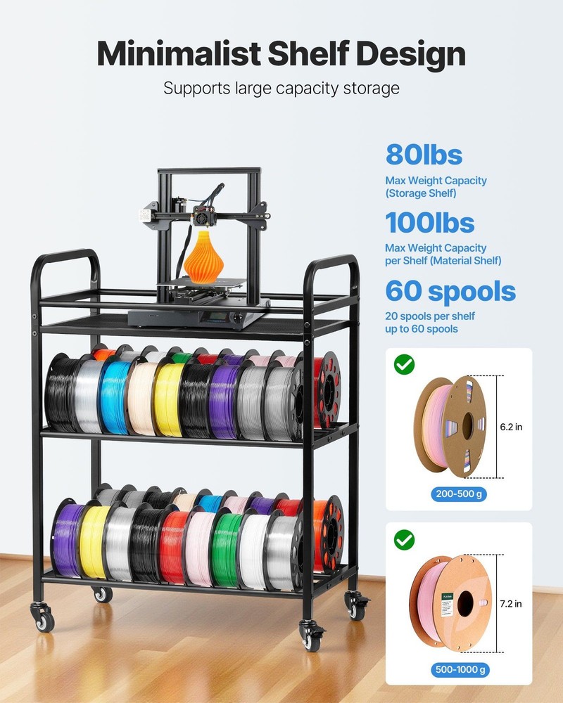 Efficient 3-Tier Filament Management Rack 280lb Frame with MDF Layers