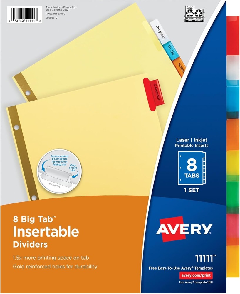 Avery 8-Tab Binder Dividers, Insertable Multicolor Big Tabs, 10 Sets (11111)