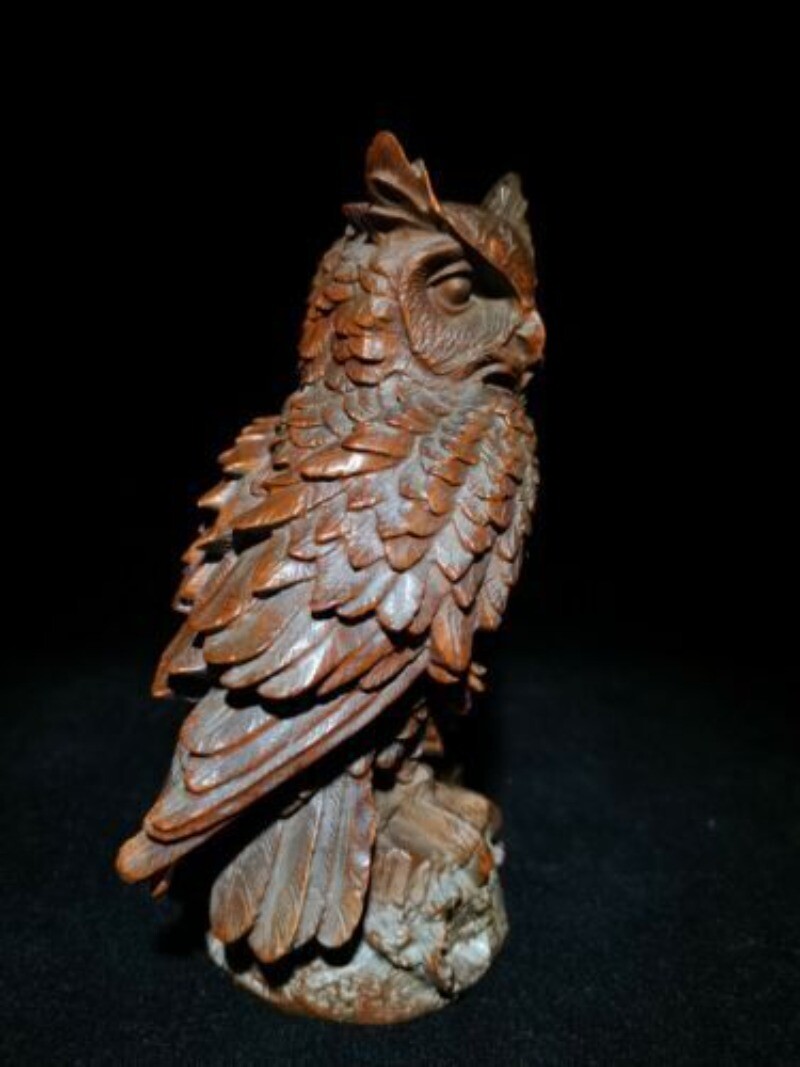 Vintage Wooden Owl Statue Sculpture Figurine Home Decor Boxwood Carved Bird Art