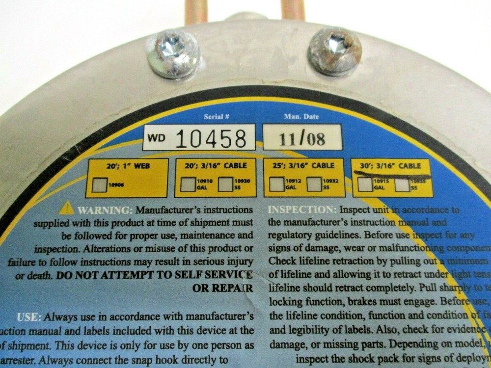 WEB DEVICES FALL ARREST SYSTEMS, 30' CABLE RETRACTABLE WITH CARIBINEER