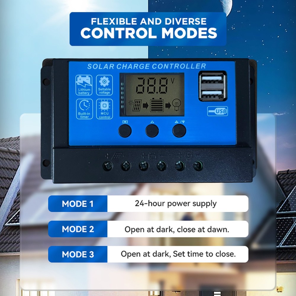 30A PWM Solar Panel Charge Controller 12/24V Auto LCD Display Dual USB Timer Set