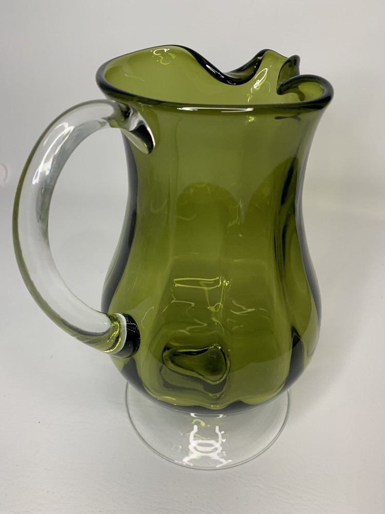 hand blown green footed 10 1/2" pitcher & applied clear handle
