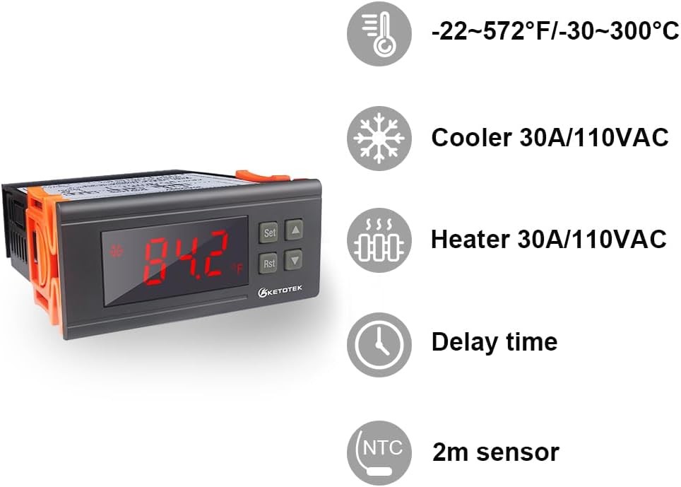 KETOTEK KT8230 Digital Temperature Controller Thermostat Regulator 120VAC 30A Fa