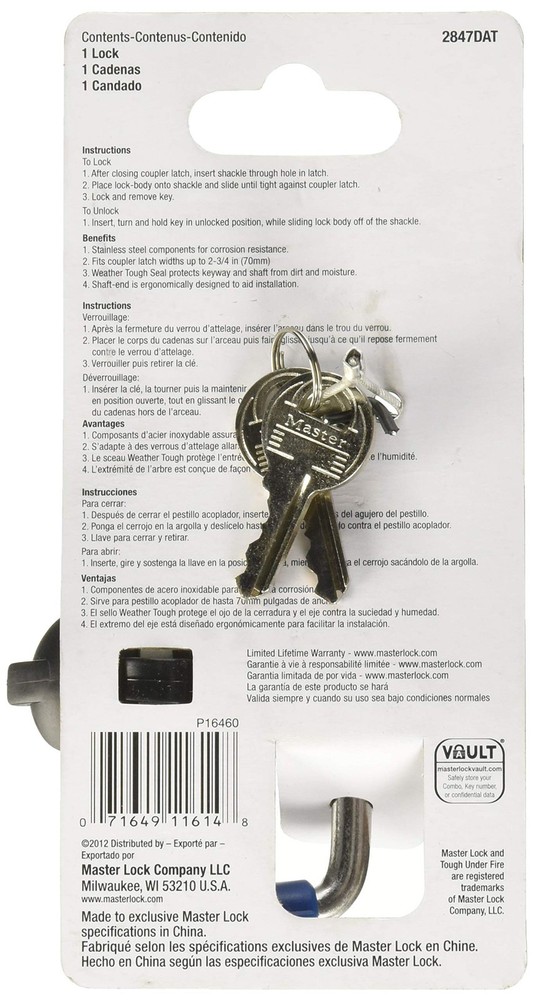 Trailer Lock Stainless Steel Adjustable Coupler Latch Master 2847DAT