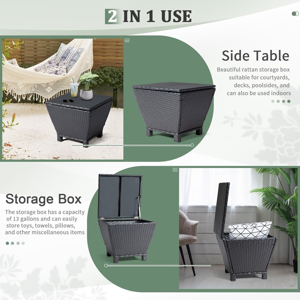 Outdoor PE Wicker Side Table with Storage Small Patio Storage Bin Container