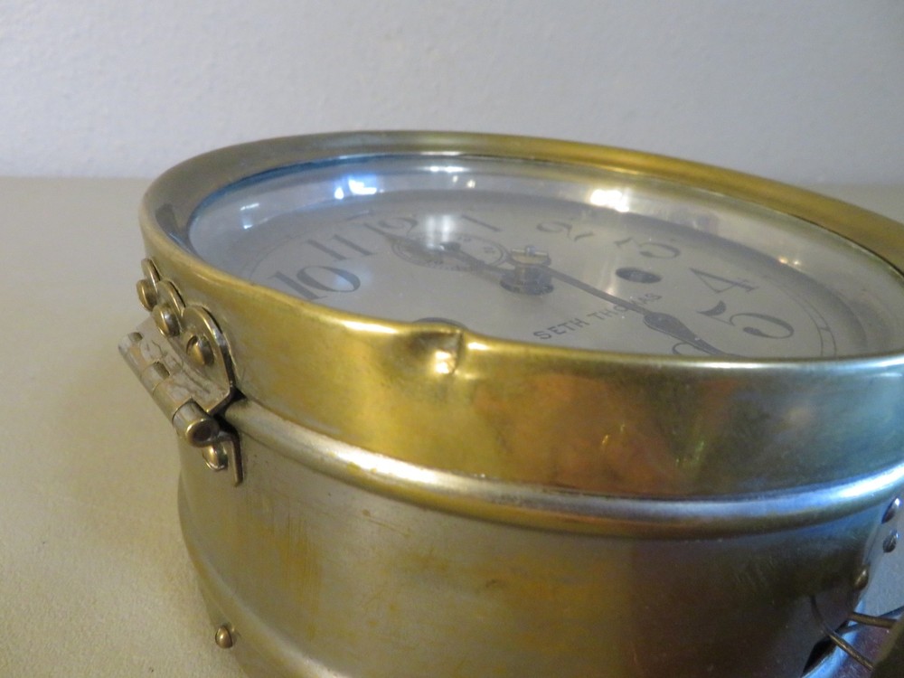 ANTIQUE SETH THOMAS BRASS SHIPS CLOCK WITH EXTERNAL BELL TESTED NICE!