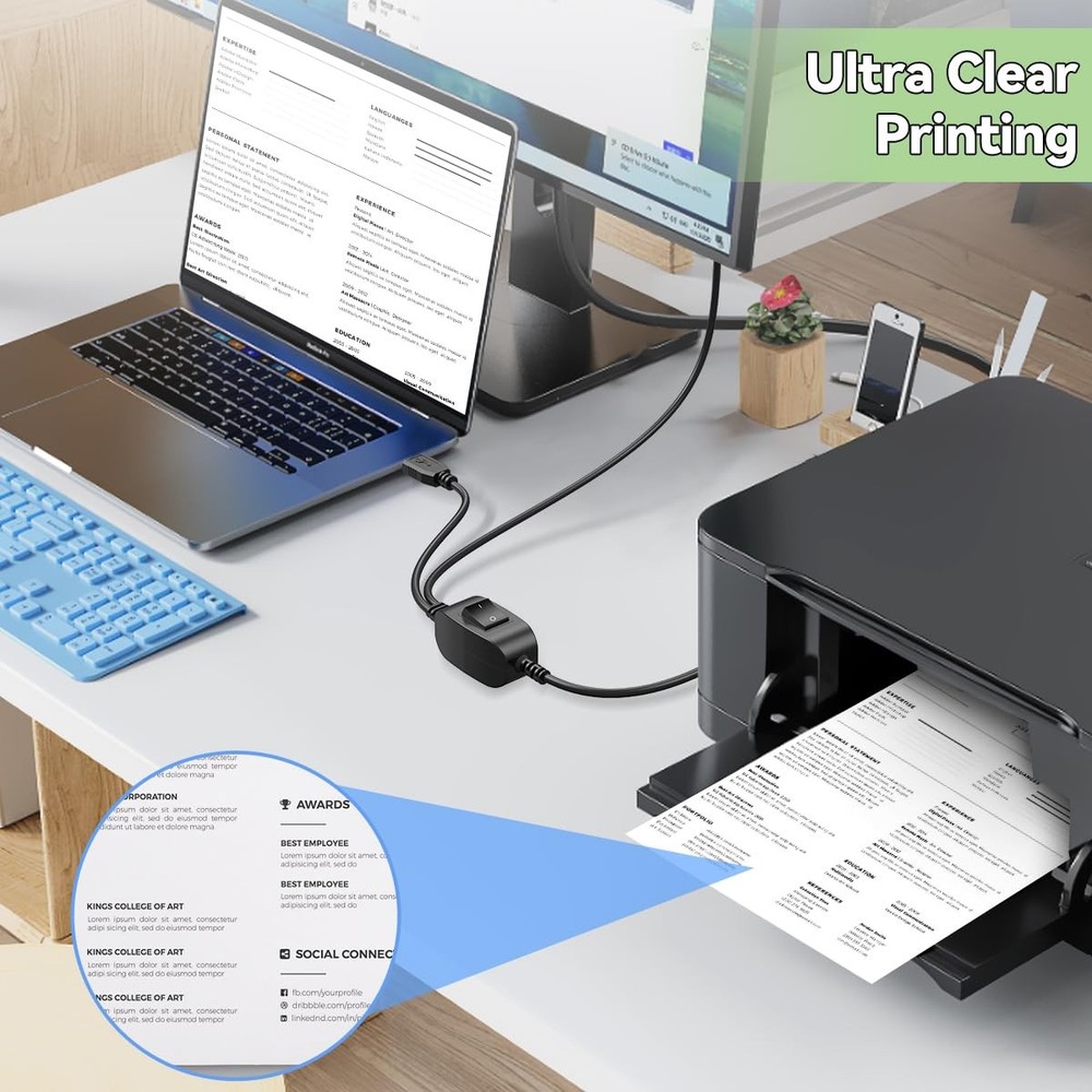 Herfair Printer Cable Splitter for Two Computers Share One inkless 2, Black