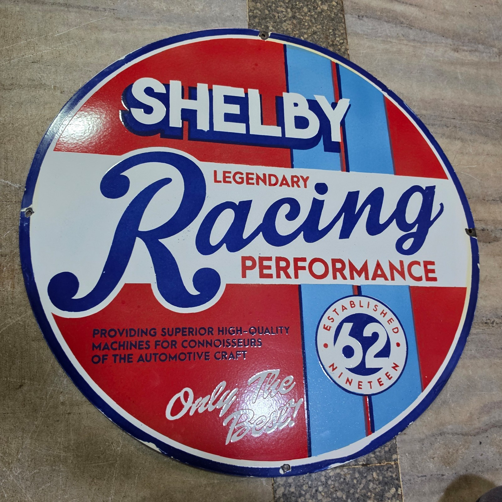 SHELBY RACING PORCELAIN ENAMEL SIGN 29 X 29 INCHES