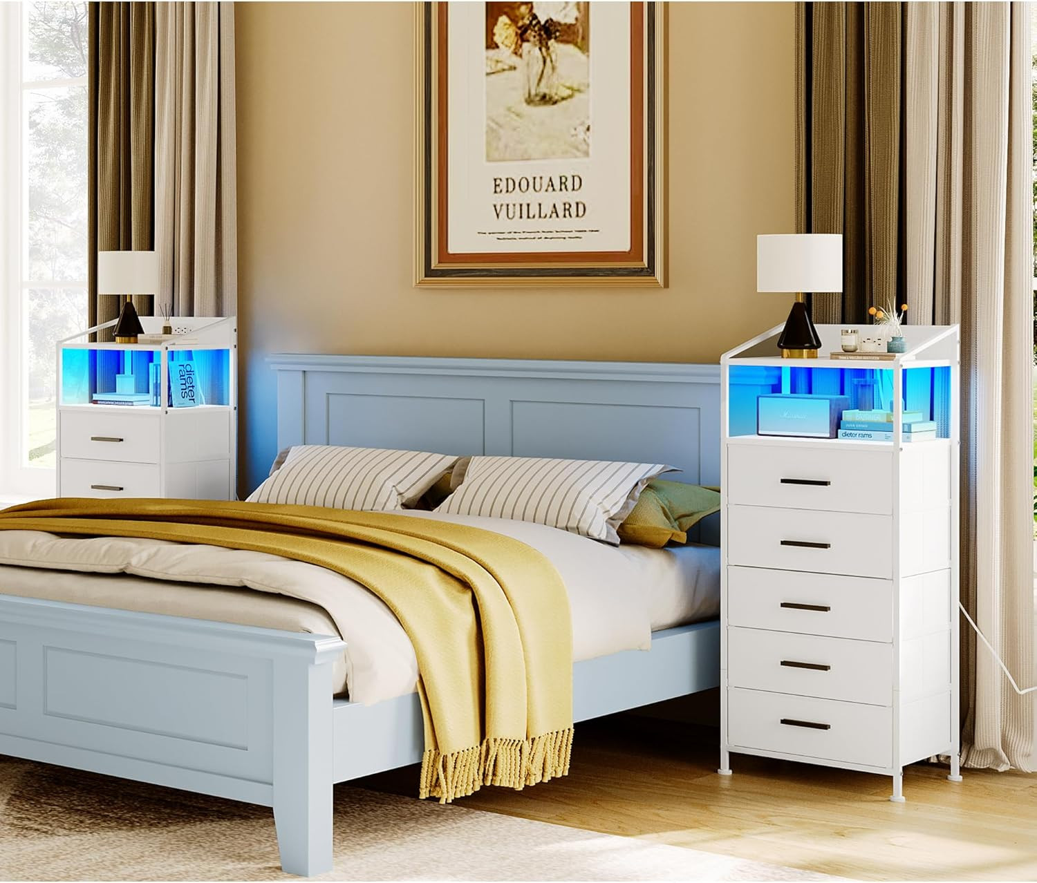 Nightstand 5 Drawer Dresser with LED Lights and Charging Station, Vertical Side