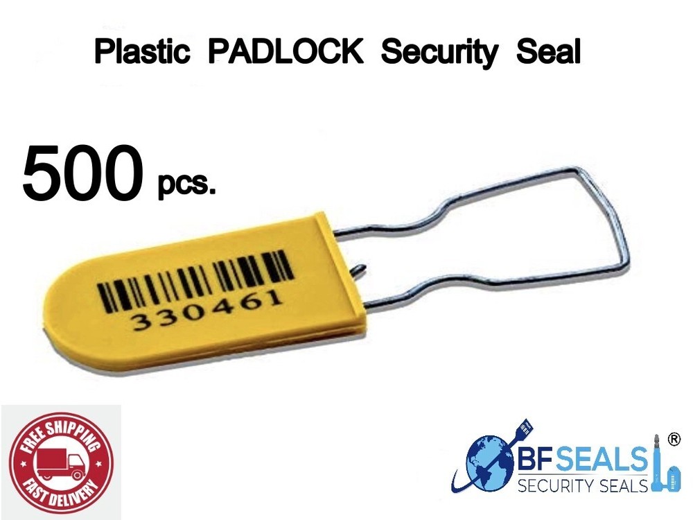 Plastic Security Seals PADLOCK  A, Numbered - Barcode, 500 pcs, YELLOW color BFS