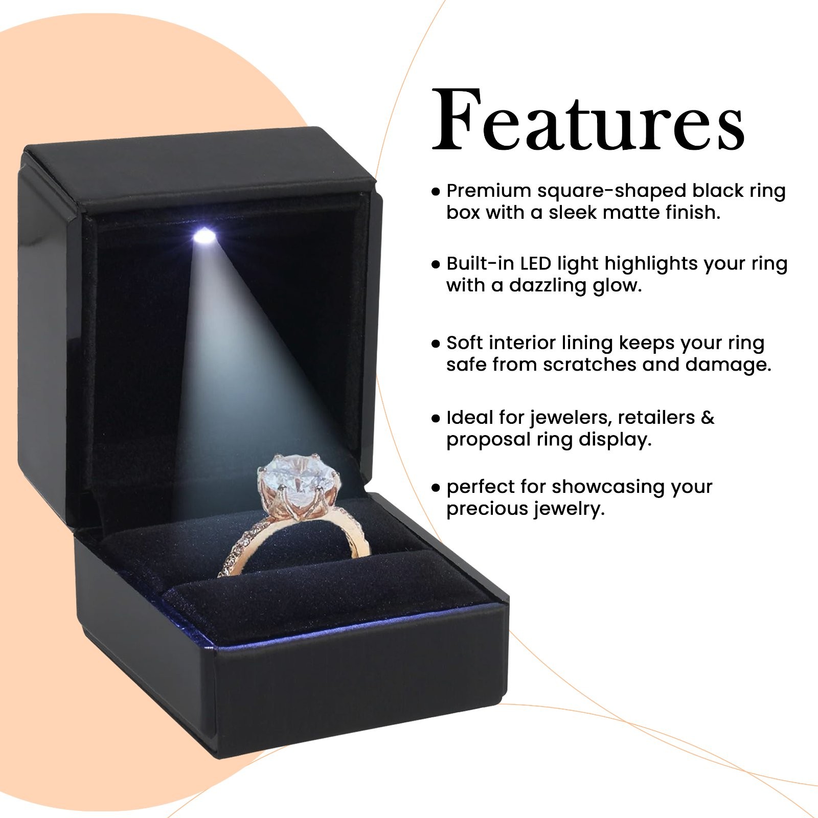 Novel Box Square Shaped Ring Box with LED Light for Wedding & Special Occasions