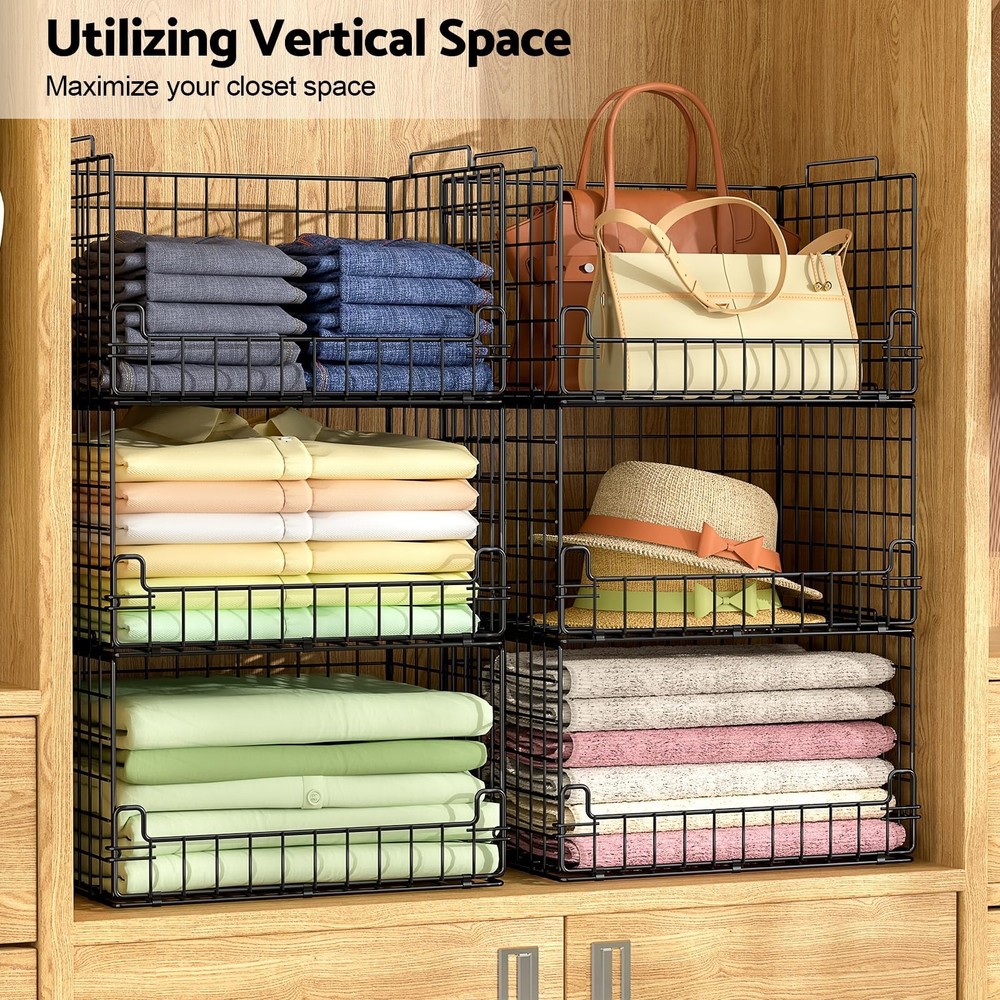4-Tier Stackable Closet Organizers and Storage Basket - Foldable Closet Shelf...