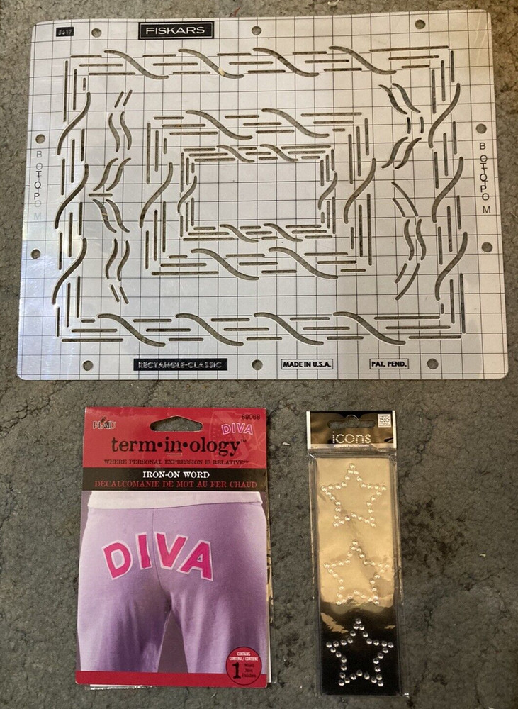 FISKARS RECTANGLE-CLASSIC Plastic Template + Iron-on letters + Star Rhinestones