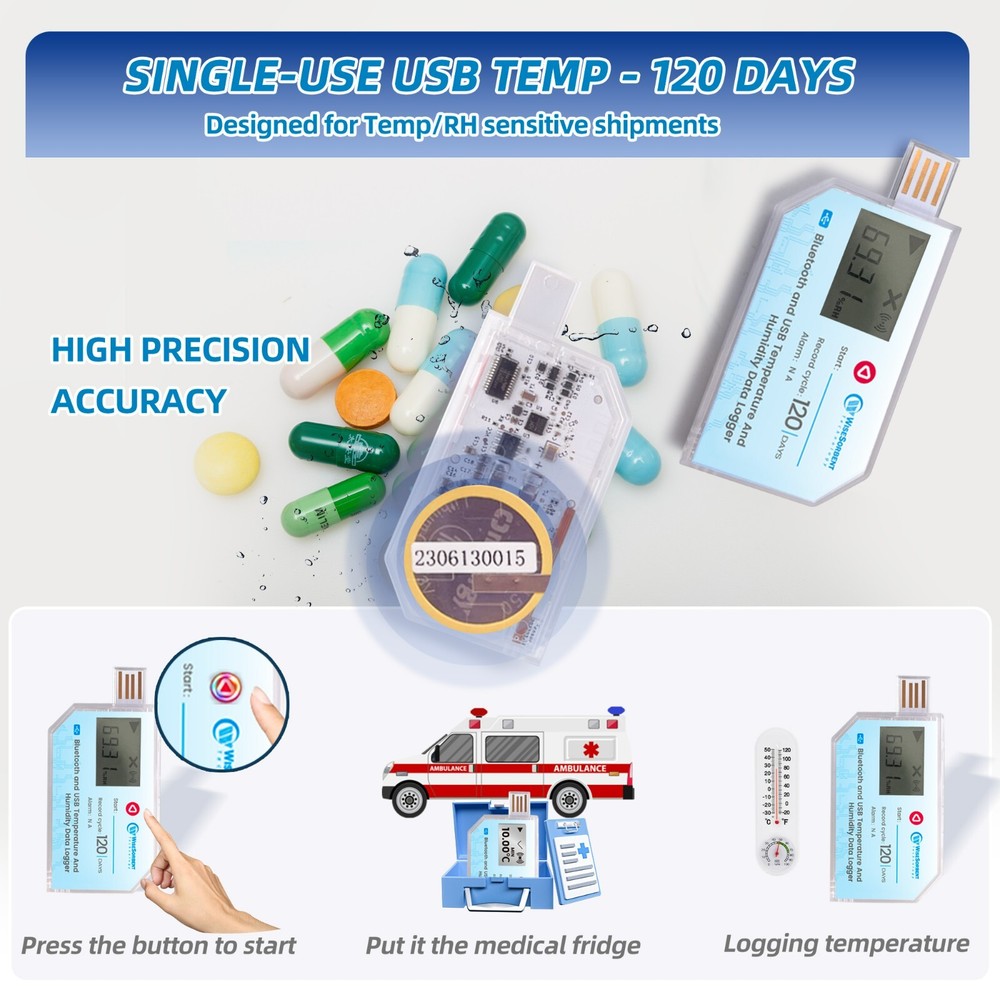 1P USB Data Logger, Temperature and Humidity w/LCD, Bluetooth & App， Single-USE