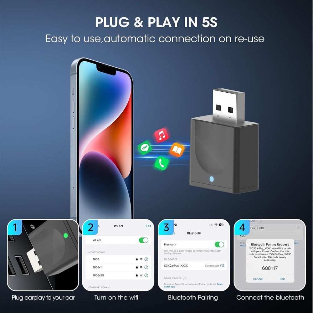 Wireless Carplay Adapter for Iphone, Convert Wired to Apple Carplay Wireless Ada