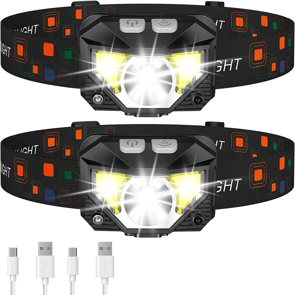 2 Pack Rechargeable LED Headlamp 8 Modes Motion Sensor Waterproof Head Light