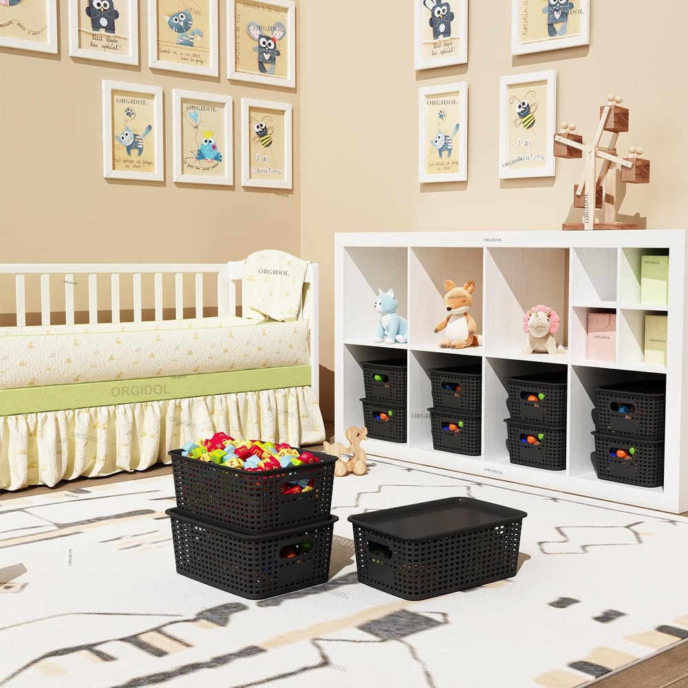 ORGIDOL Plastic Storage Basket with Lids 12 Pack Stackable Black Storage Bins Co