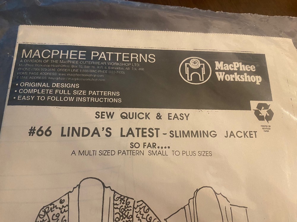 MacPhee Patterns Book Slimming Jacket #66 Sealed Uncut