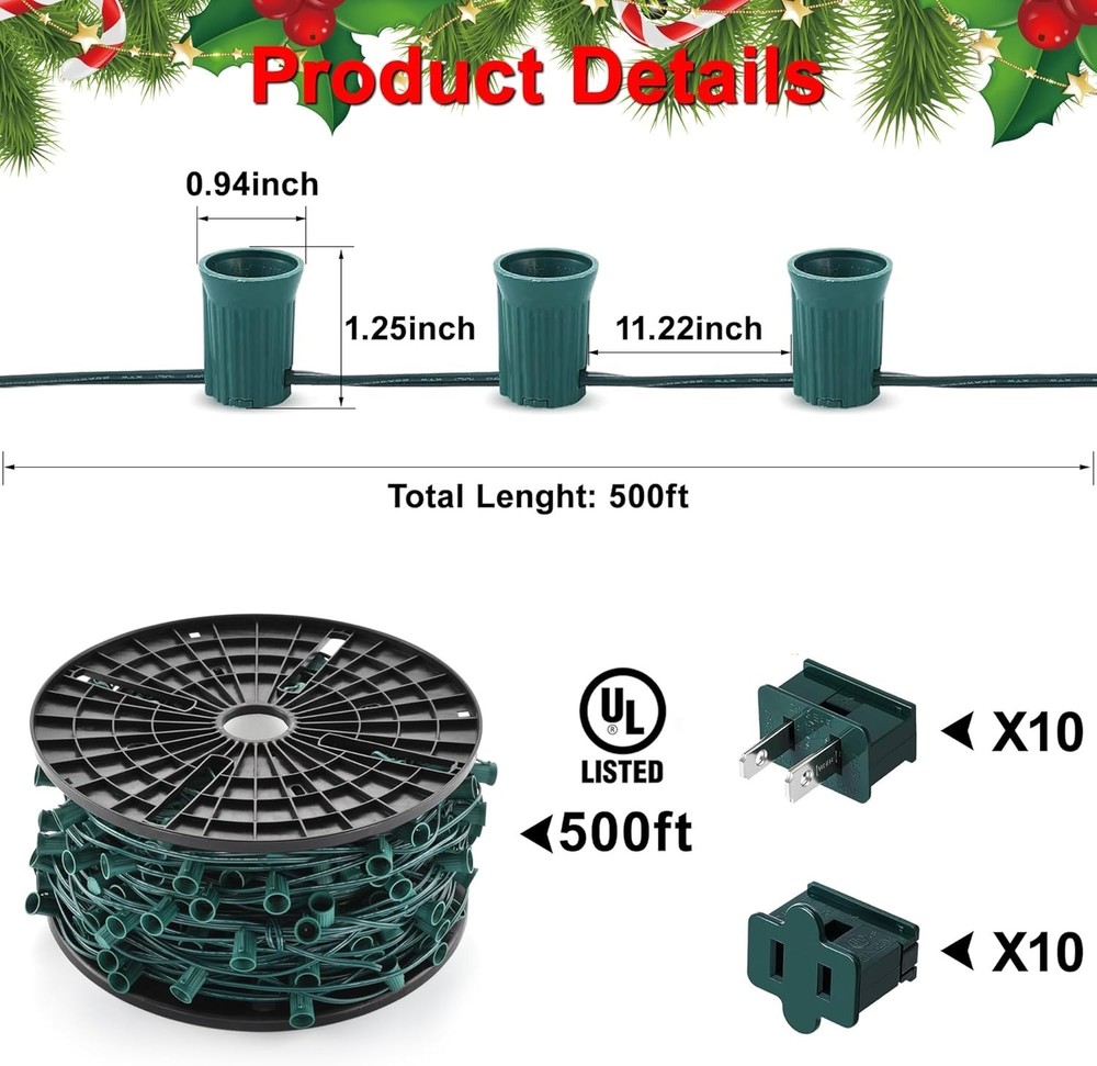 Ultimate Unicorn 500FT C9 Light Socket Set Green Wire Christmas Stringer E17