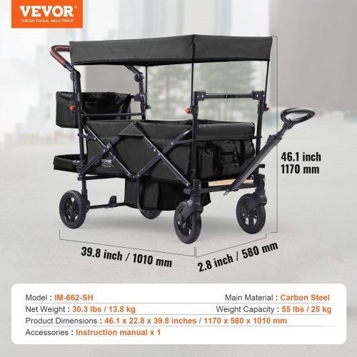 Wagon Stroller for 2 Kids Push Pull Quad Collapsible Stroller with Adjustable