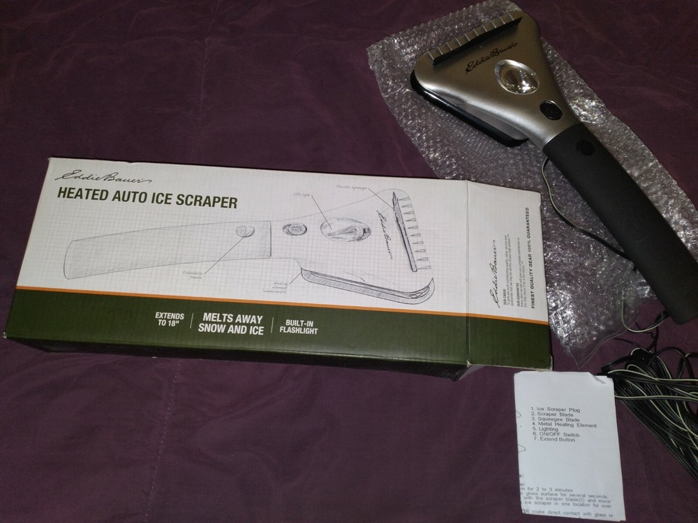 NEW! Eddie Bauer Heated Auto Ice Scraper w/ Flashlight extends 18"!