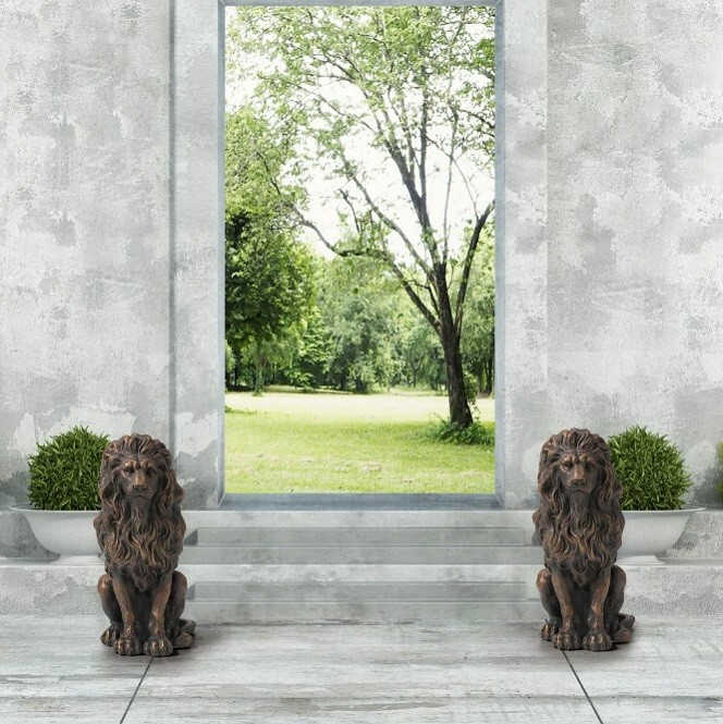 Guardian Lion 2 Set Garden Sculpture Yard Statue Bronze MgO Door Figurine Patio