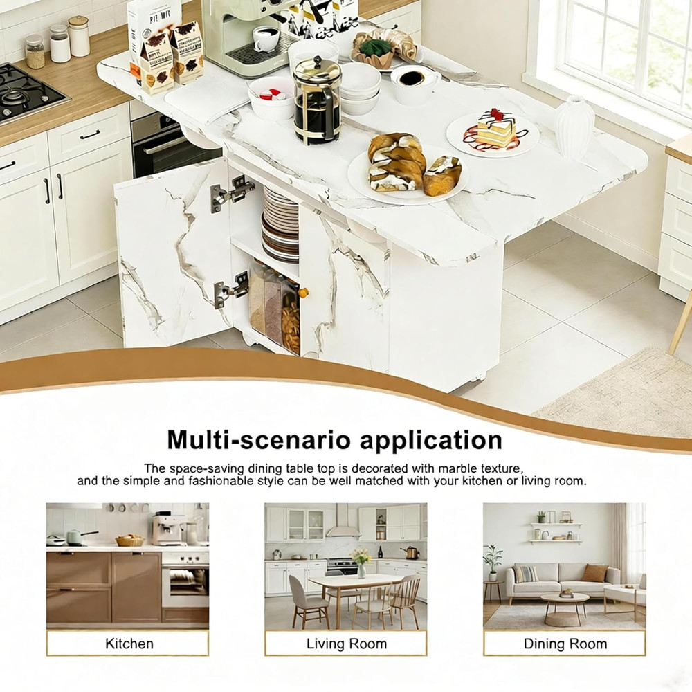 47" Rolling Kitchen Island with Storage & Drop Leaf - White Marble Top