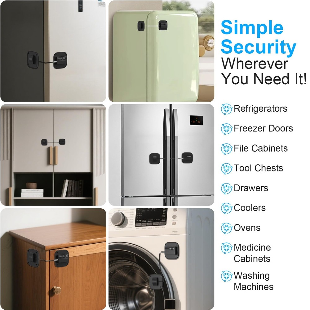 2 Pack Fridge Lock with Combination, No Key Required, Upgrade Large, Black