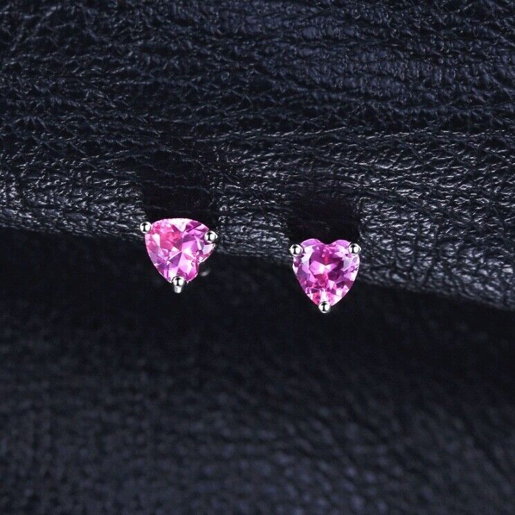 Tiny Lab Grown Pink Sapphire Heart Stud Earrings Solid Sterling Silver 925