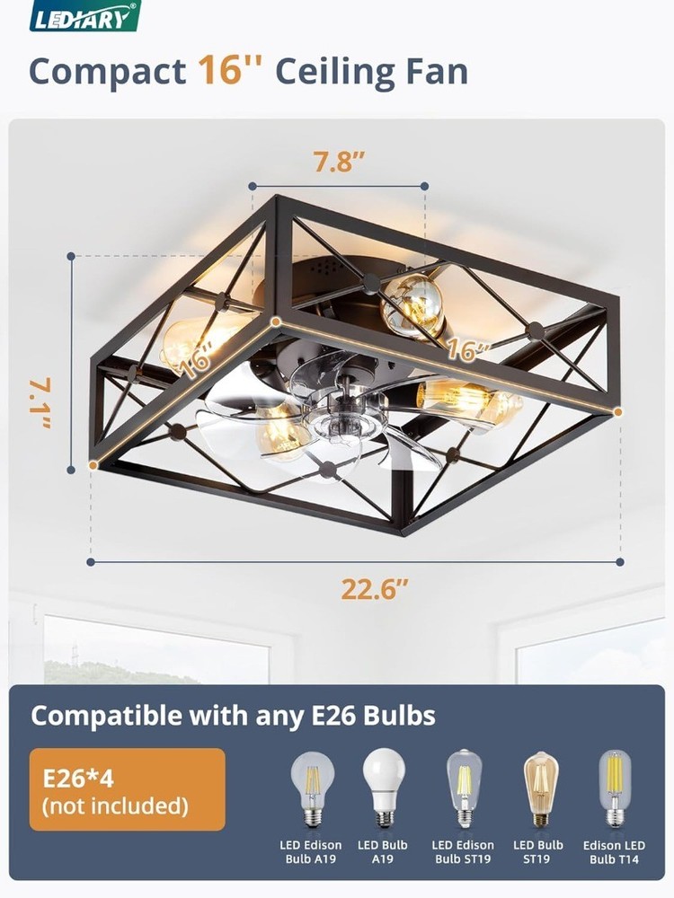 Caged Flush Mount Square Rustic Low Profile Ceiling Fans with Lights and Remote