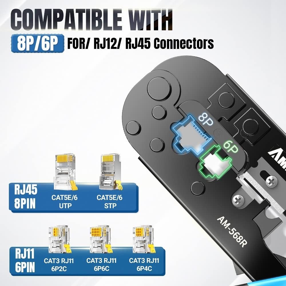 Professional RJ45 Crimping Tool with Ergonomic Grip & Extra Mini Wire Stripper