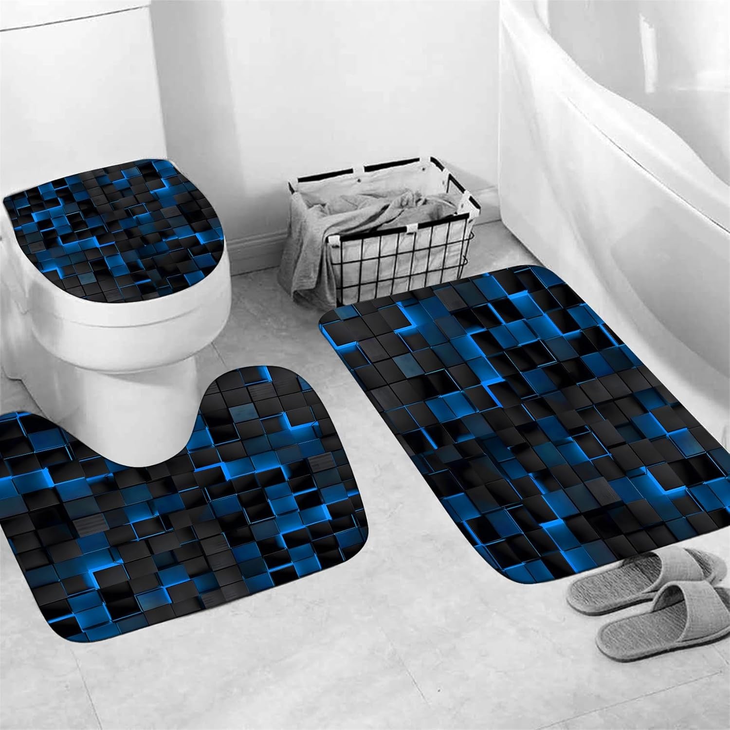 Shower Curtain Set Blue 3D Cubes - Bathroom Sets