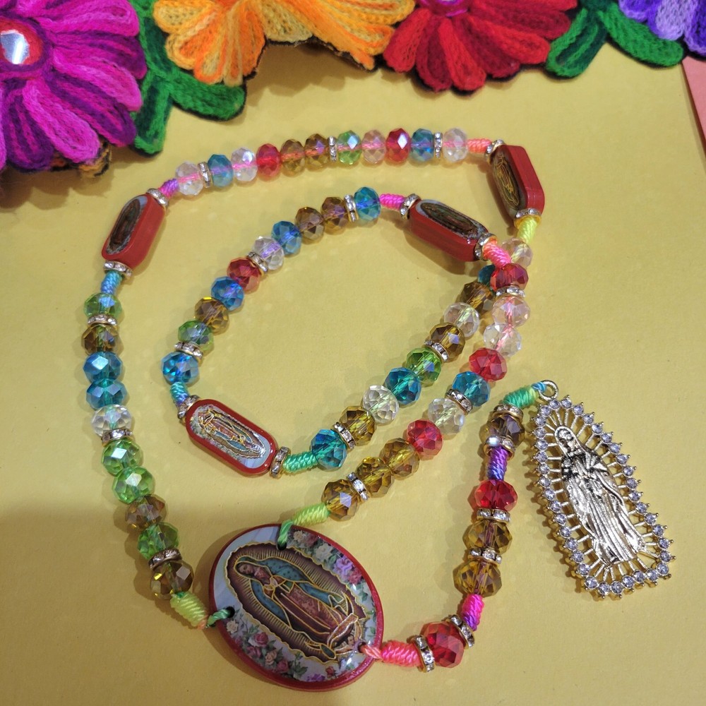 Virgen De Guadalupe Rosary crystal beads  10mm 2 sided shiny multicolored