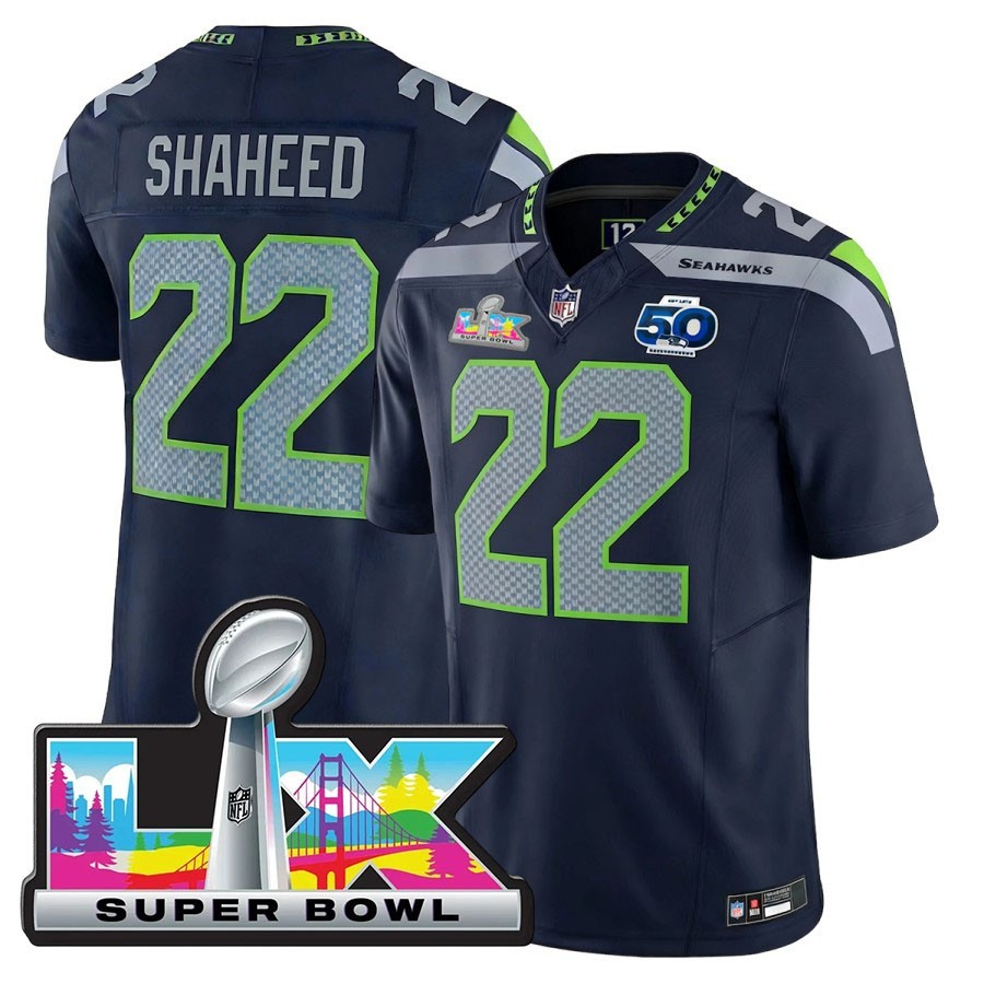 Men's Seahawks Rashid Shaheed Navy Super Bowl LX Patch  Stitched Jersey