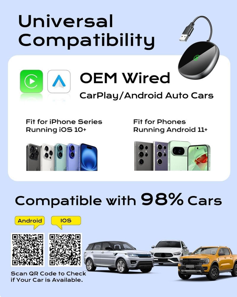 Auto Wireless CarPlay Adapter 2-in-1 for iPhone/Android, Wired to Wireless, Grey
