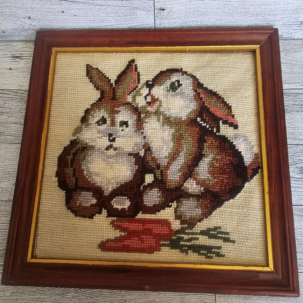 Cross Stitch Bunny Rabbits Framed VINTAGE