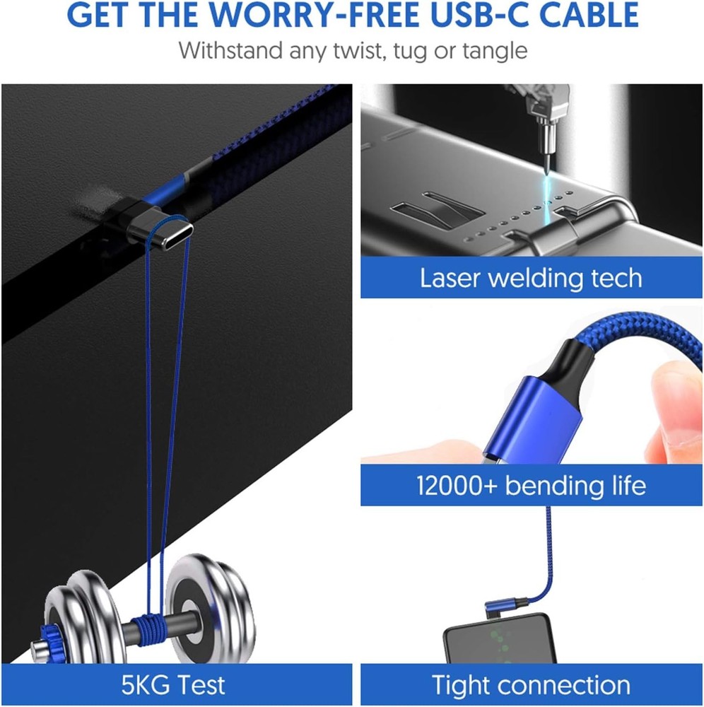 USB C Cable 90 Degree Right Angle[2Pack 10FT], A to Type C Nylon Blue