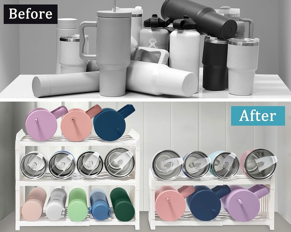 Spaclear Water Bottle Organizer, Stackable 2 shelf cream color plastic expandab