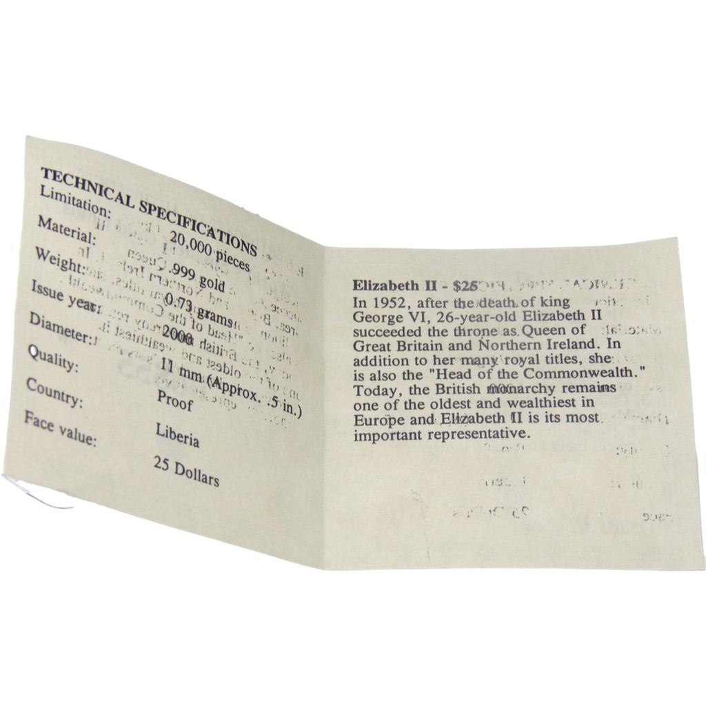 2000 Liberia $25 World's Smallest Gold Coin Queen Elizabeth II .999 w/ COA