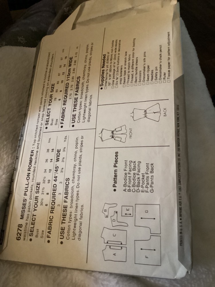 1983 VINTAGE SIMPLICITY PATTERN #6278…. Has been cut