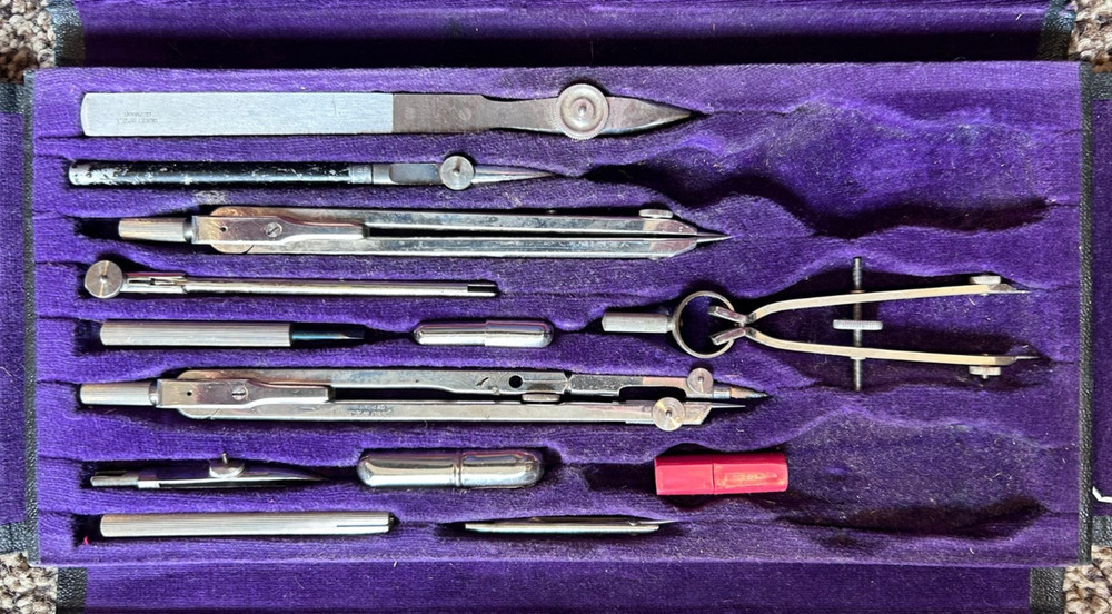 Vintage Drafting Tools Lot Triangles Templates Compass Slide Rule w/ Box