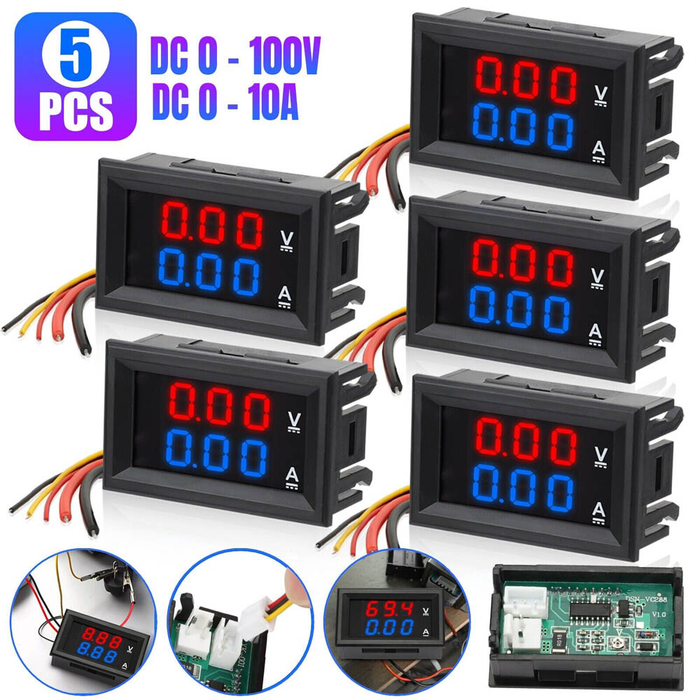 5pcs LED Digital Voltmeter Ammeter Dual Volt Amp Meter Voltage Gauge DC 100V 10A