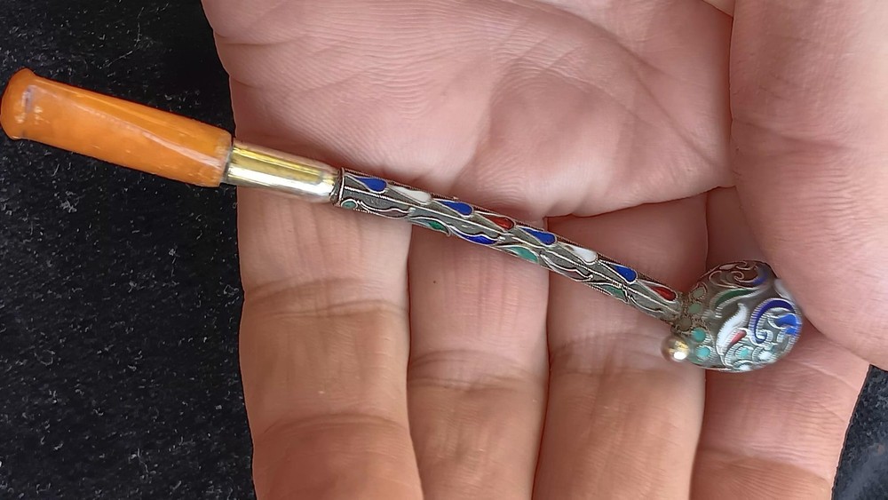 RUSSIAN IMPERIAL SOLID SILVER & CLOISONNE ENAMEL CIGARETTE HOLDER / PIPE