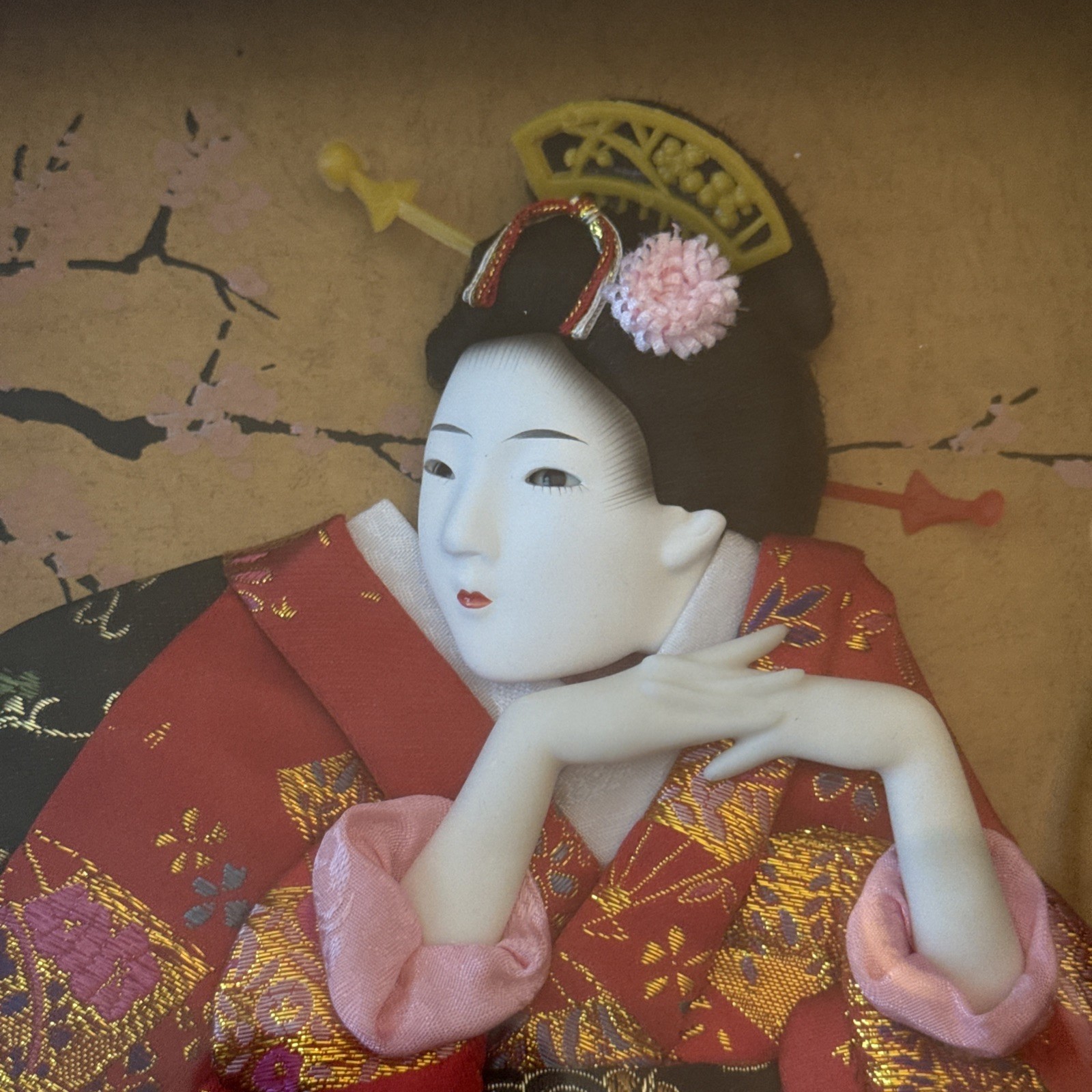 VINTAGE Japanese 3D Porcelain & Fabric Geisha Girl Framed & Matted Shadow Box