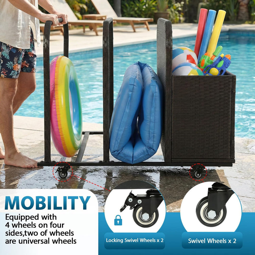 Pool Float Storage Poolside Storage Bin Holder Storage Rack with Wheels PE Ratta