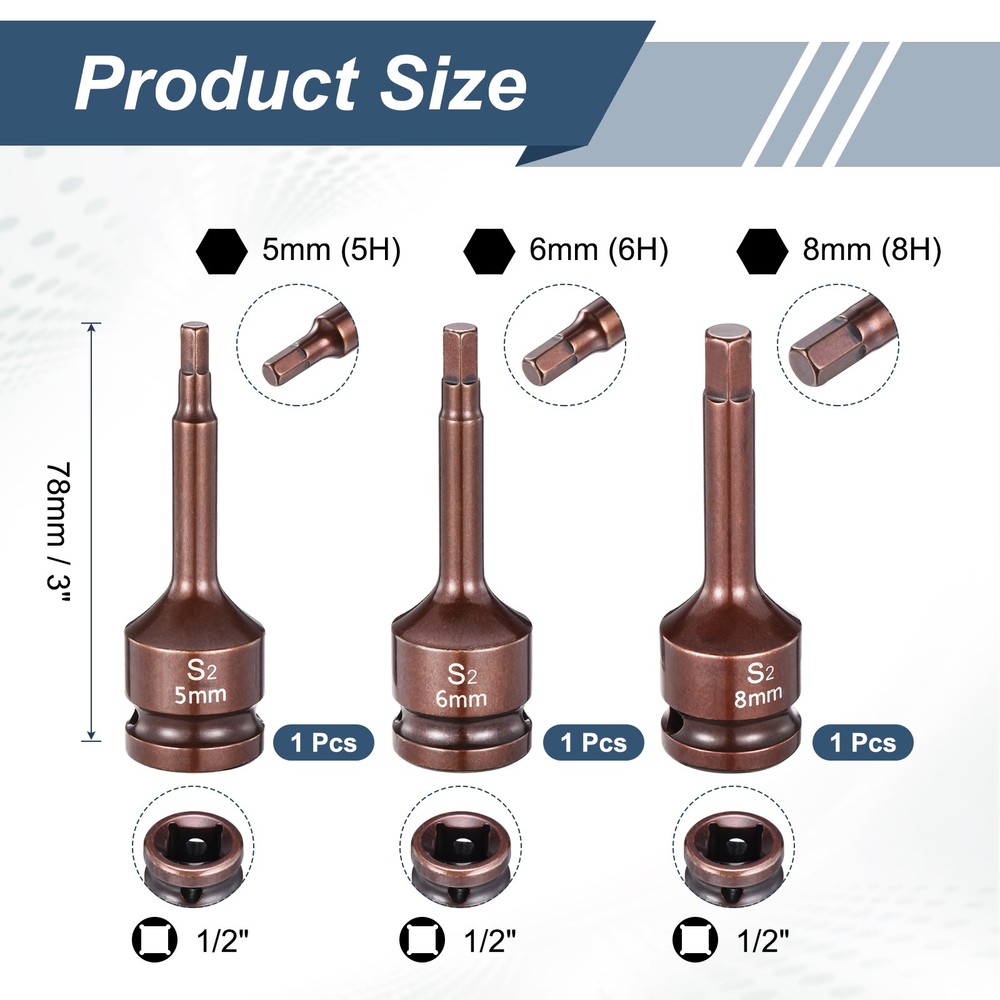 3pcs 1/2" Drive Impact Hex Bit Socket 5+6+8mm S2 Steel 3" Hexagonal Socket