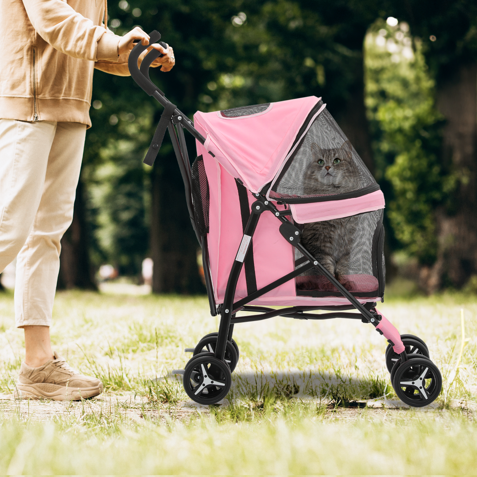 Foldable Pink Dog Stroller Adjustable Canopy Breathable Pet Travel Carrier Cart