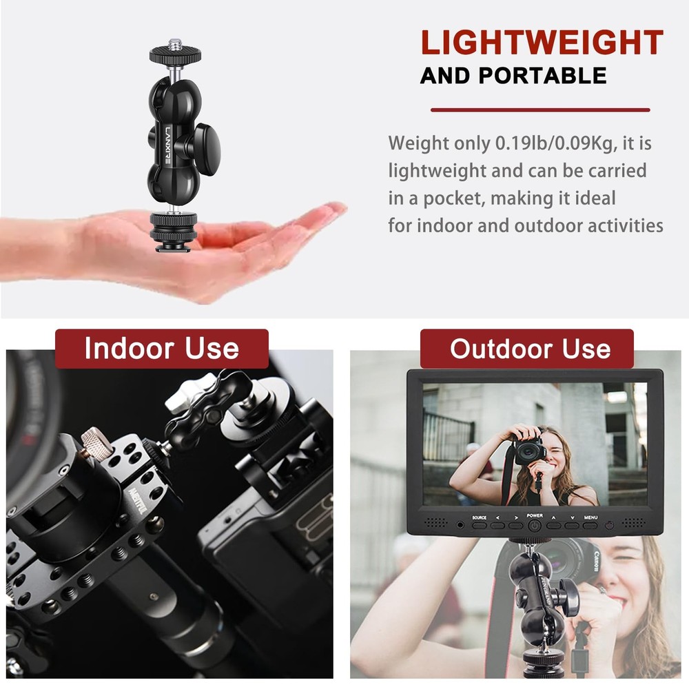 Lanxire Mini Magic Arm Multi-Function Double Ball Head with 1/4" Small, Black